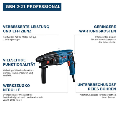 Bosch PRO Bohrhammer GBH 2-21 (mit SDS plus, inkl. Schnellspannbohrfutter mit SDS plus-Adapter, Zusatzhandgriff, Maschinentuch, Tiefenanschlag, Handwerkoffer)