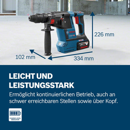 Bosch PRO 18V System Akku Bohrhammer GBH 18V-26 (SDS Plus, Bohr-Ø max: Beton/Stahl/Holz 26/13/30mm, inkl. Zusatzhandgriff, Tiefenanschlag 210mm, Maschinentuch, L-BOXX, ohne Akku/Ladegerät)