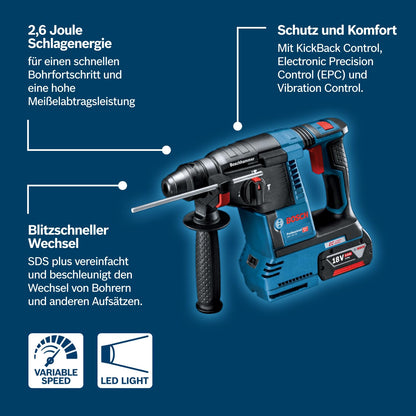 Bosch PRO 18V System Akku Bohrhammer GBH 18V-26 (SDS Plus, Bohr-Ø max: Beton/Stahl/Holz 26/13/30mm, inkl. Zusatzhandgriff, Tiefenanschlag 210mm, Maschinentuch, L-BOXX, ohne Akku/Ladegerät)